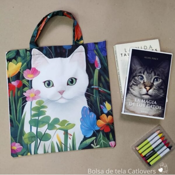 BOLSA DE TELA PARA COMPRAS CON DISEÑO DE GATO BLANCO CON FLORES