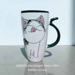 VASO CON DISEÑO DE GATO VERDE Y ROJO