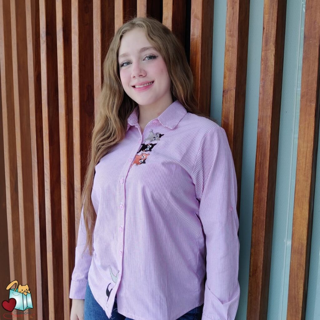 Camisa De Mujer 3 Gatos Rayas Rosa