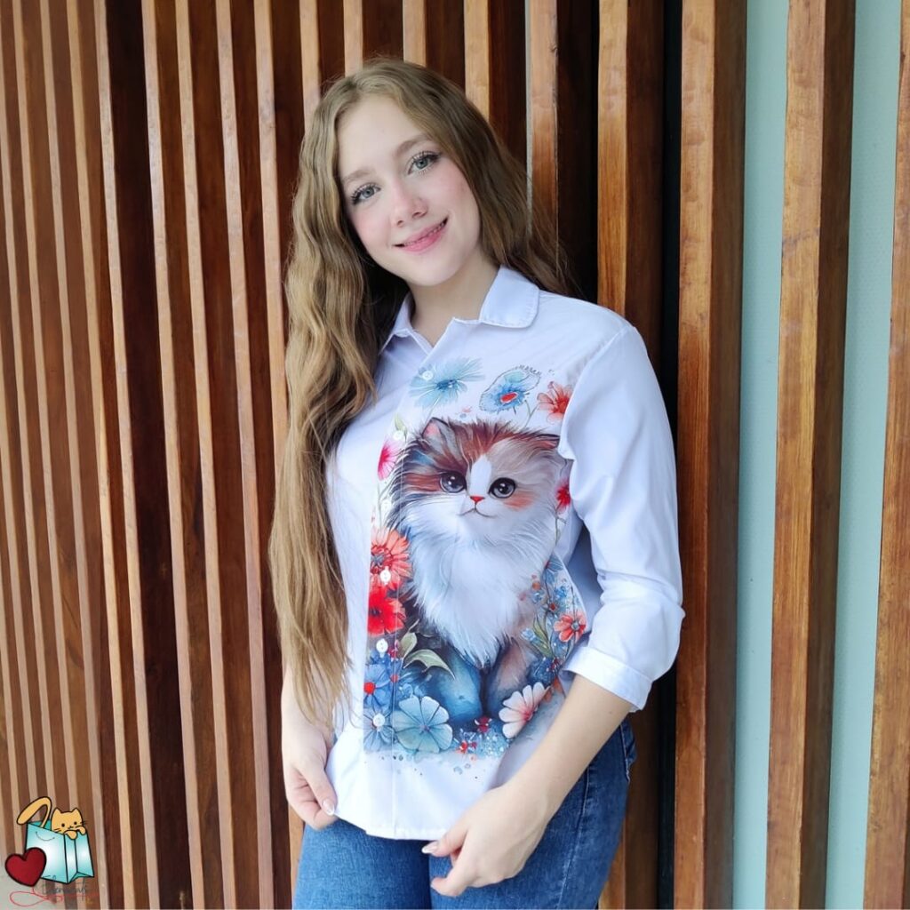Camisa De Mujer Gato Flor