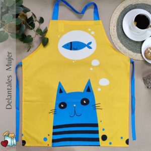 Delantal Mujer Con Gato Azul