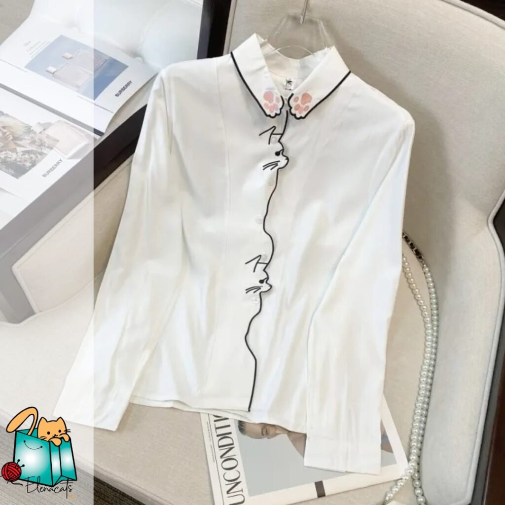 Camisa De Mujer Cara De Gato Bordada