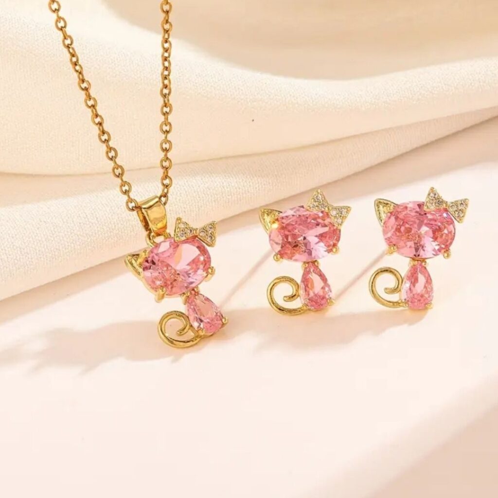 Collar  Y Pendientes Gato Rosa