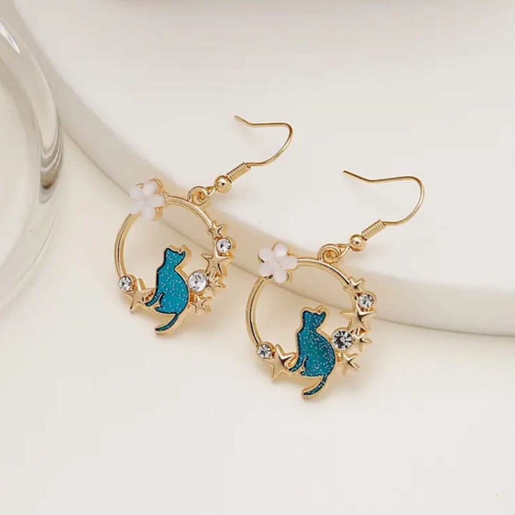 Aretes Figura De Gato Aro Azul