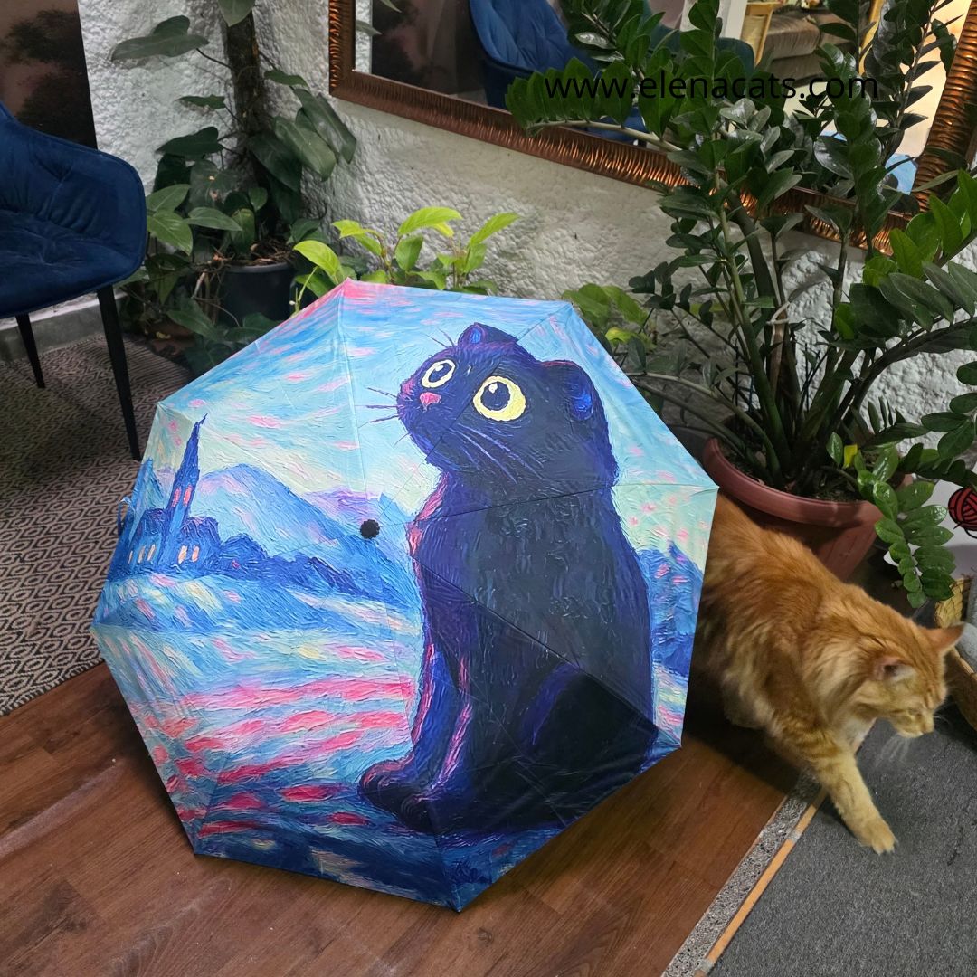 Sombrilla Con Diseño De Gato azul paisaje - Image 3