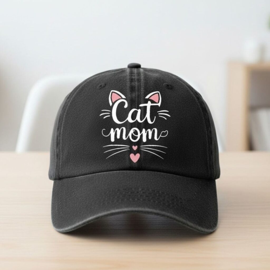 Gorra Con Diseño Gato Cat Mom negra y tonos Rosa