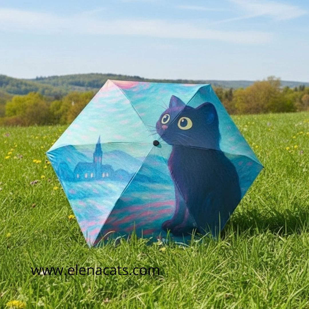 Sombrilla Con Diseño De Gato azul paisaje