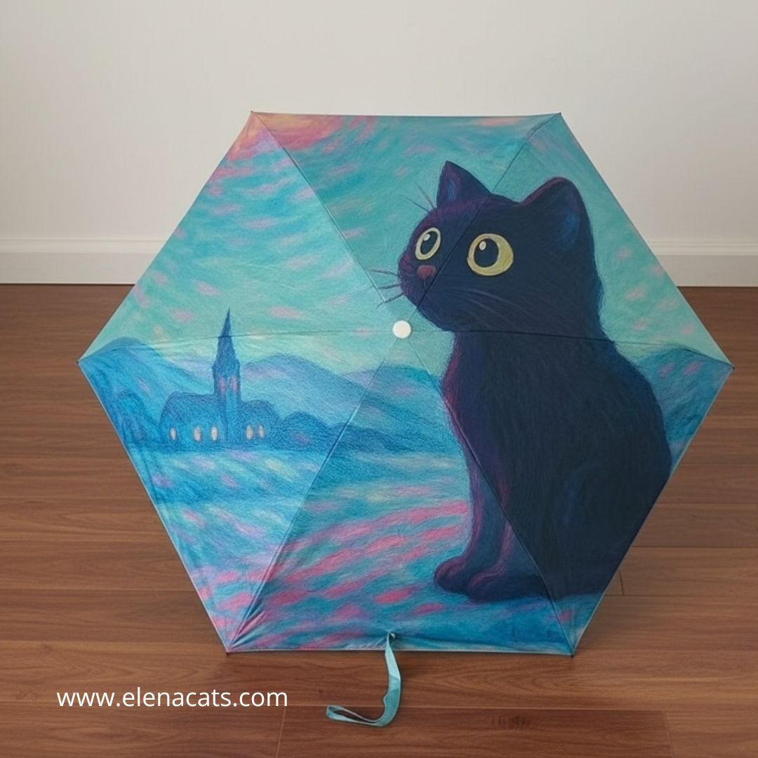 Sombrilla Con Diseño De Gato azul paisaje - Image 2