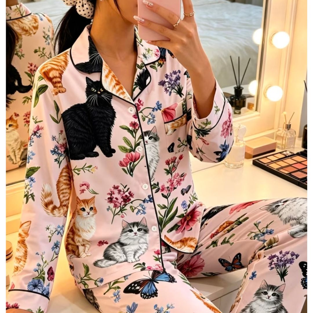 Pijama Pantalon Mujer Con Gatos Flores y Mariposas - Image 2