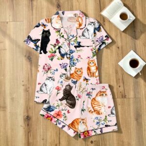 Pijama Short Mujer Rosada Con Gato negro