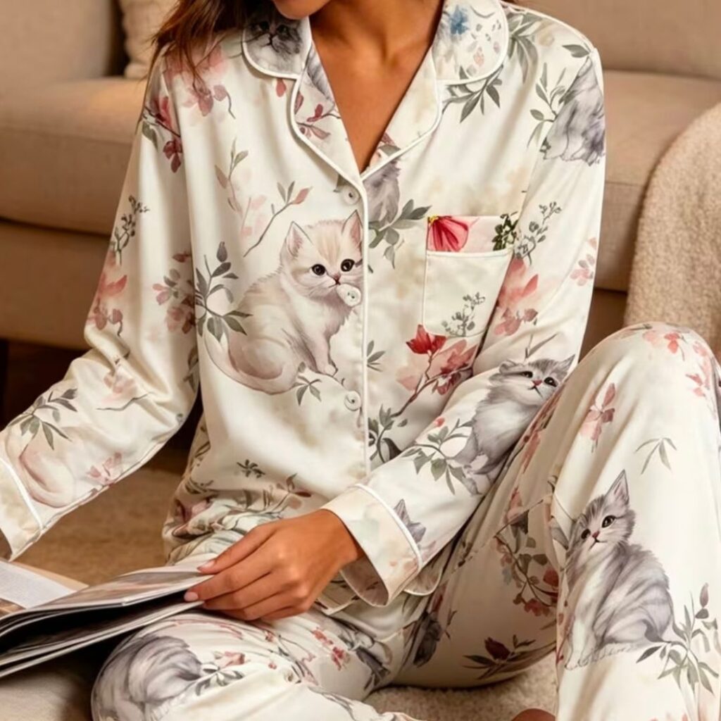 Pijama Pantalon Mujer Con Gato y Flores