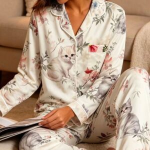Pijama Pantalon Mujer Con Gato y Flores