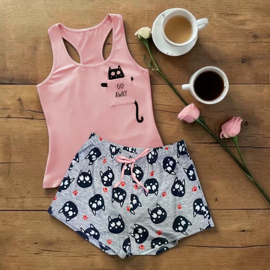 Pijama Short Mujer Con Gato Rosa - Image 2